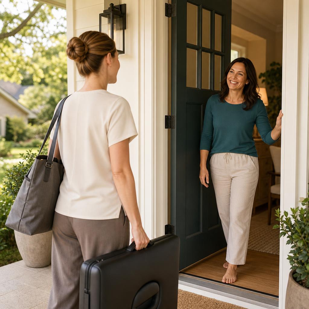 Massage therapist arriving at a client's front door